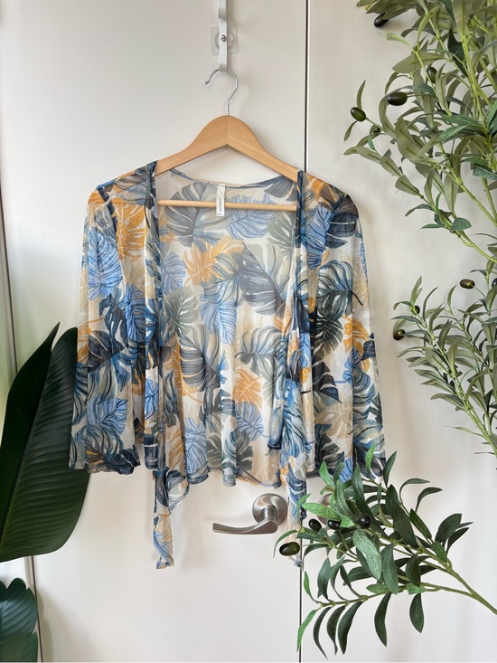 Chocolate Tops - Chocolate Sheer Leaf-Print Blouse in Blue, Yellow & Green